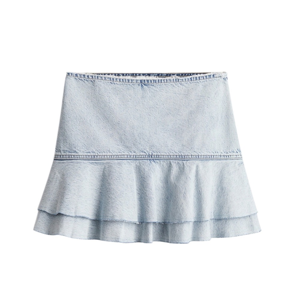H&M Divided Light Blue Acid Wash Denim Ruffle Mini Skirt Raw Hem Women's Size 4‎